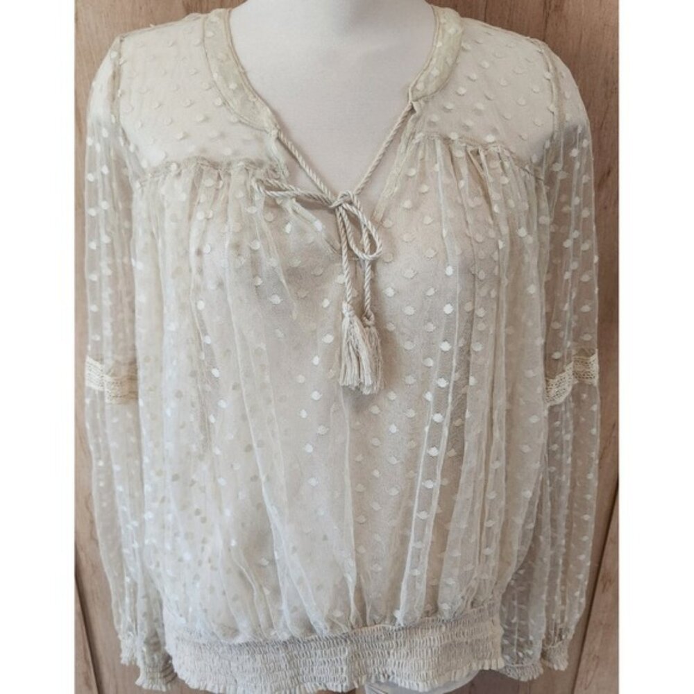 Denim & Supply Ralph Lauren Cream Swiss Dot Mesh Tassel Peasant Blouse Top